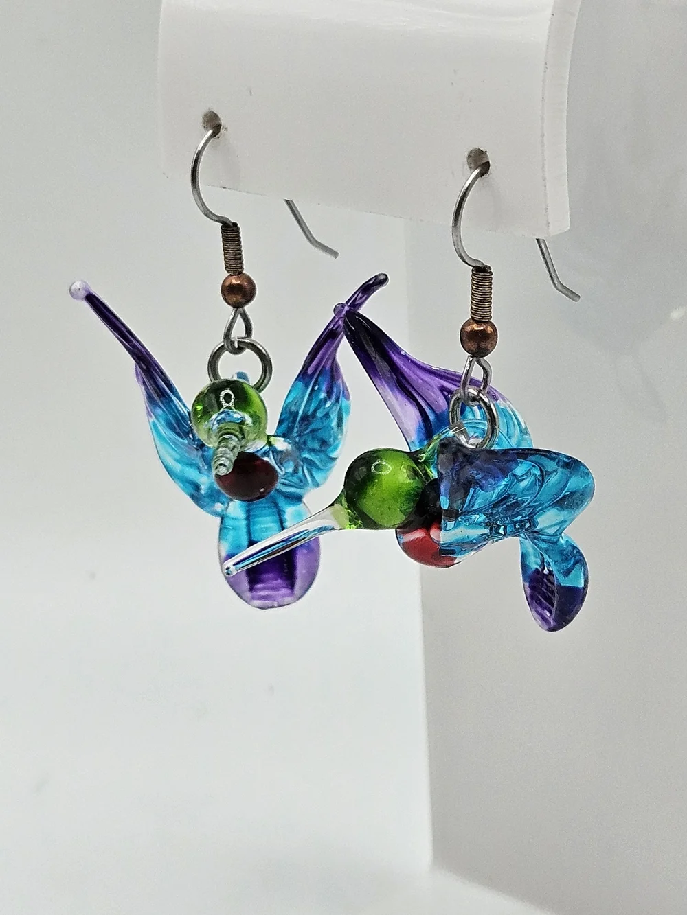 Colorful Glass Hummingbird Dangle Earrings French Wire Purple and Blue
